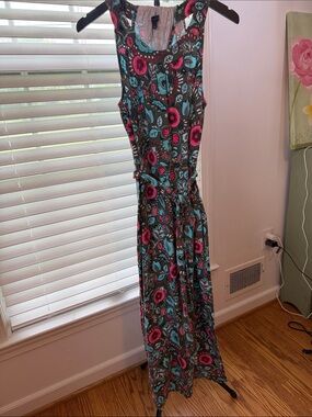 Talbots Floral Sleeveless Maxi Dress in Gray with Pink & Teal Size L